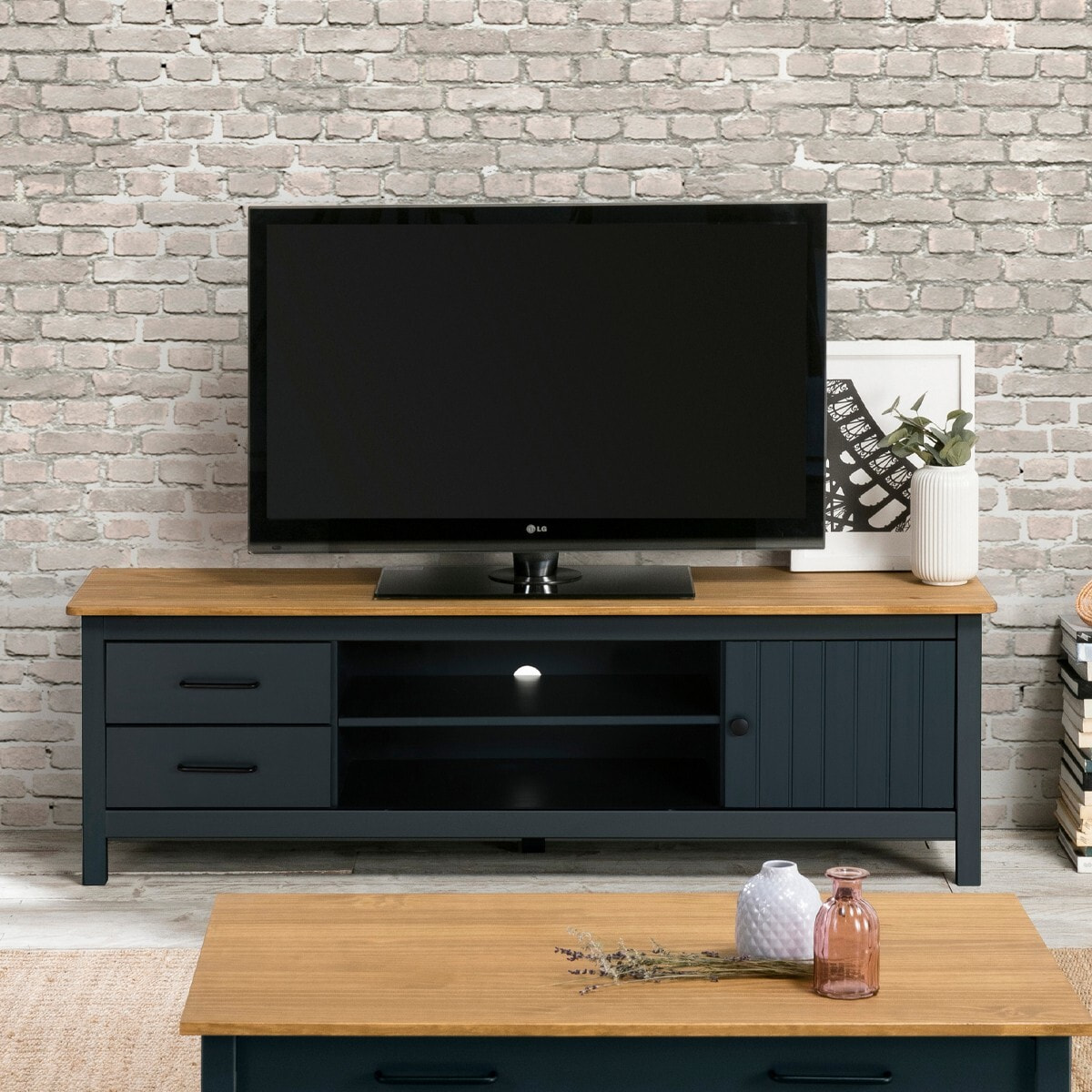 Meuble TV 1 porte 2 tiroirs en bois massif - IDA