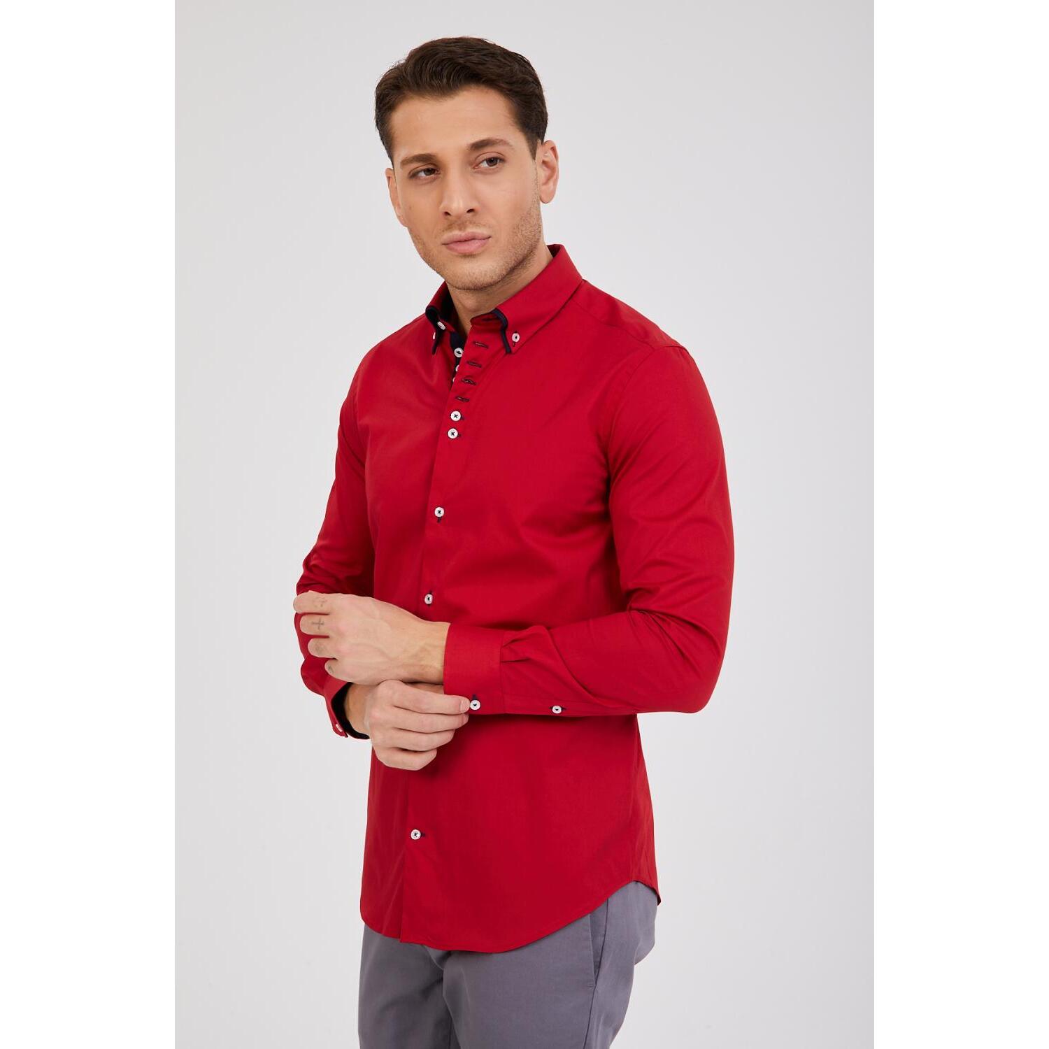 Camicia Uomo 1 Bottone Button Down Doppio Collo Piccolo Popeline Stretch Unito Rosso