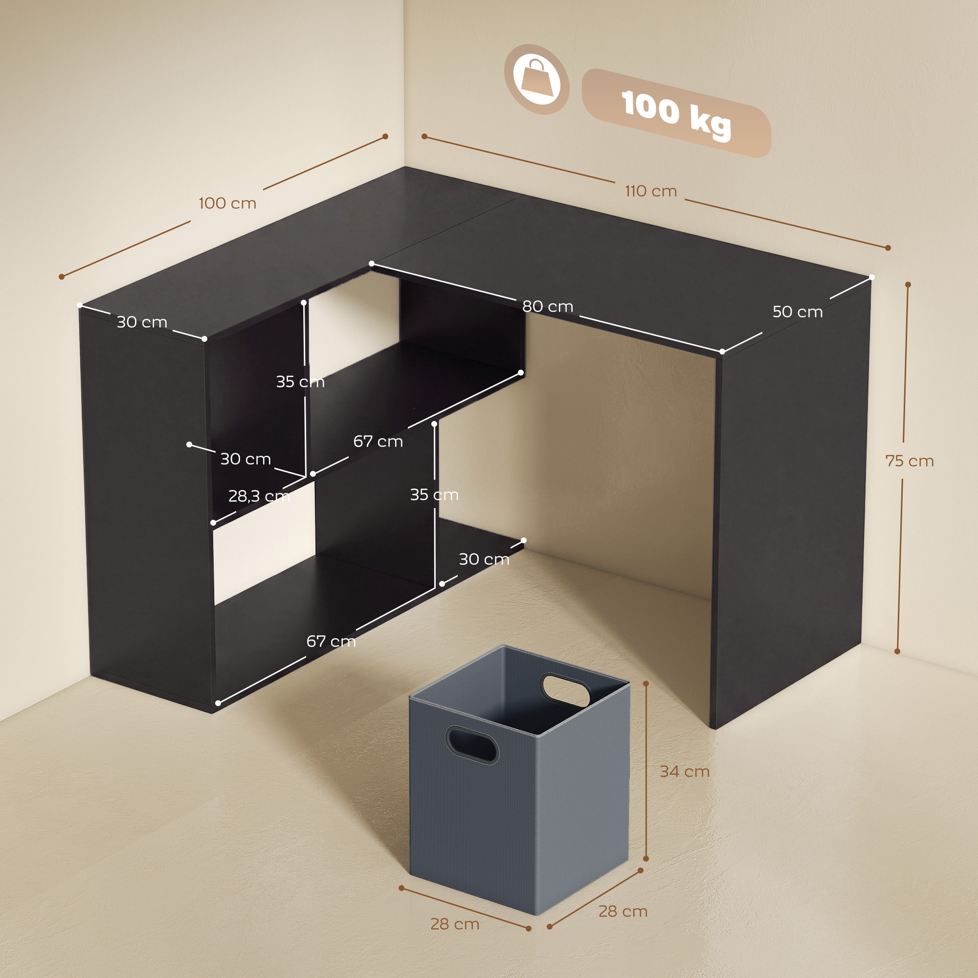Bureau d'angle tiroir non tissé gris étagère 3 compartiments dim. 110 x 100 x 75 cm noir