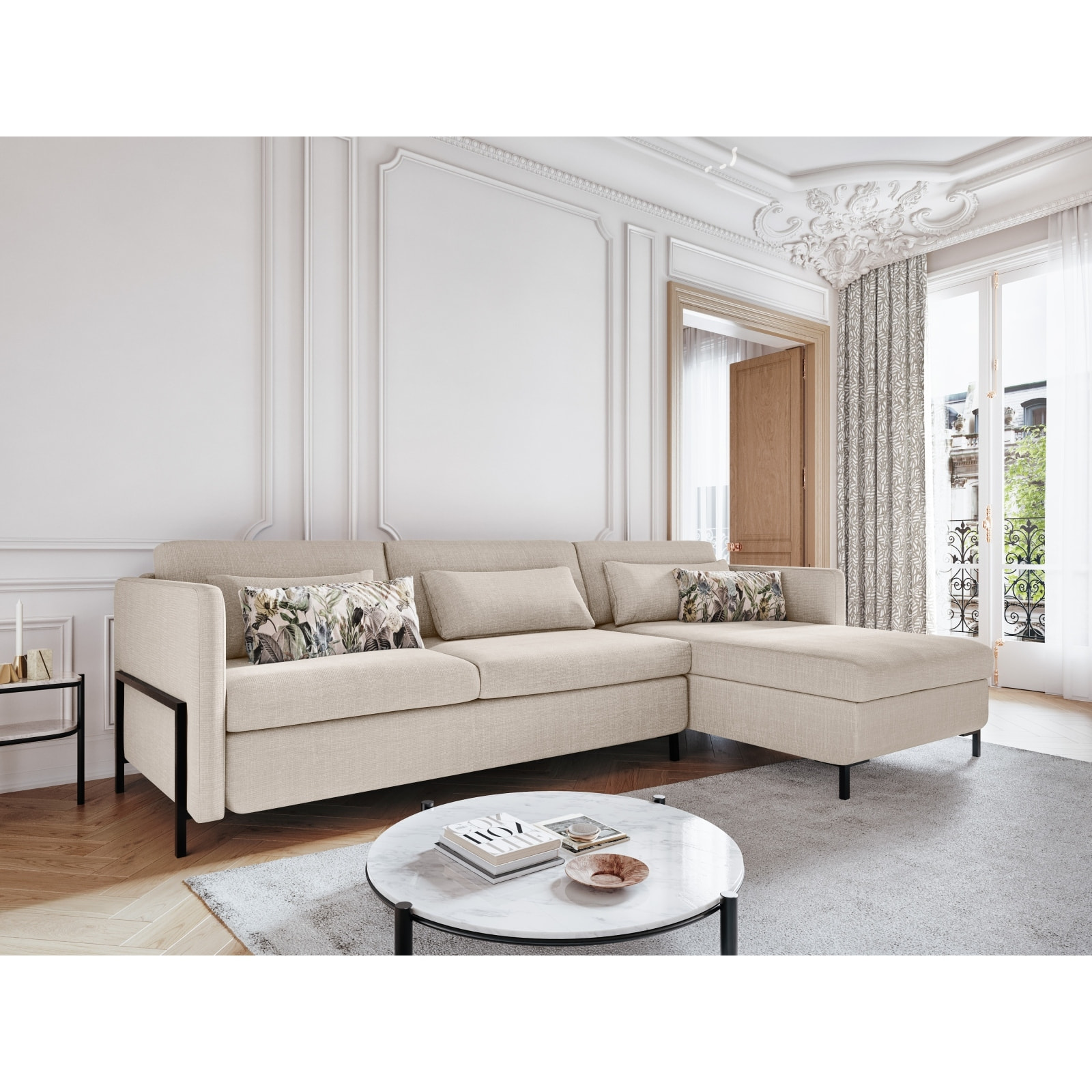 Canapé d'angle droit convertible avec coffre de rangement "Yanis" 5 places en tissu structurel beige