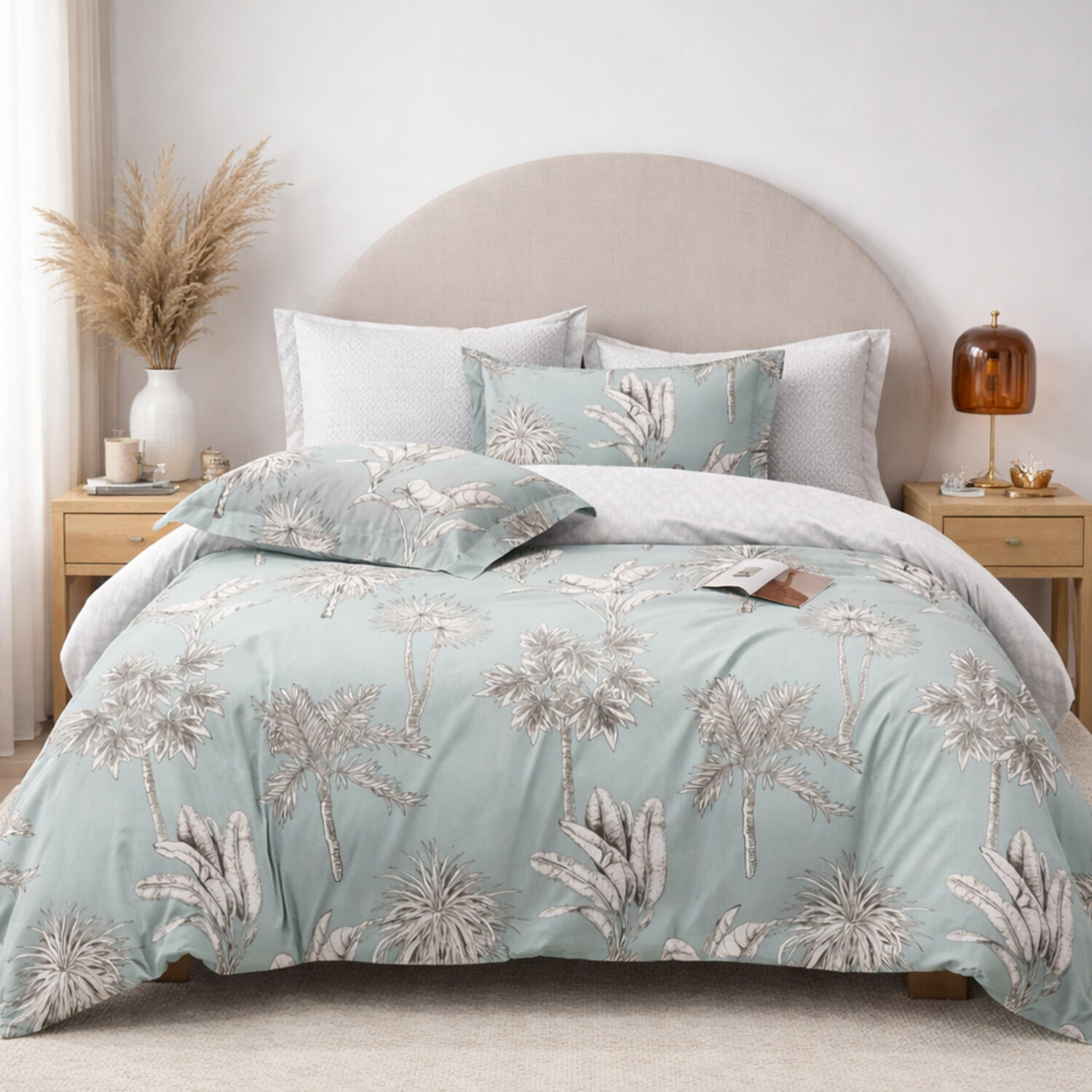 Parure housse de couette 100% coton - Caldone imprimé palmier gris