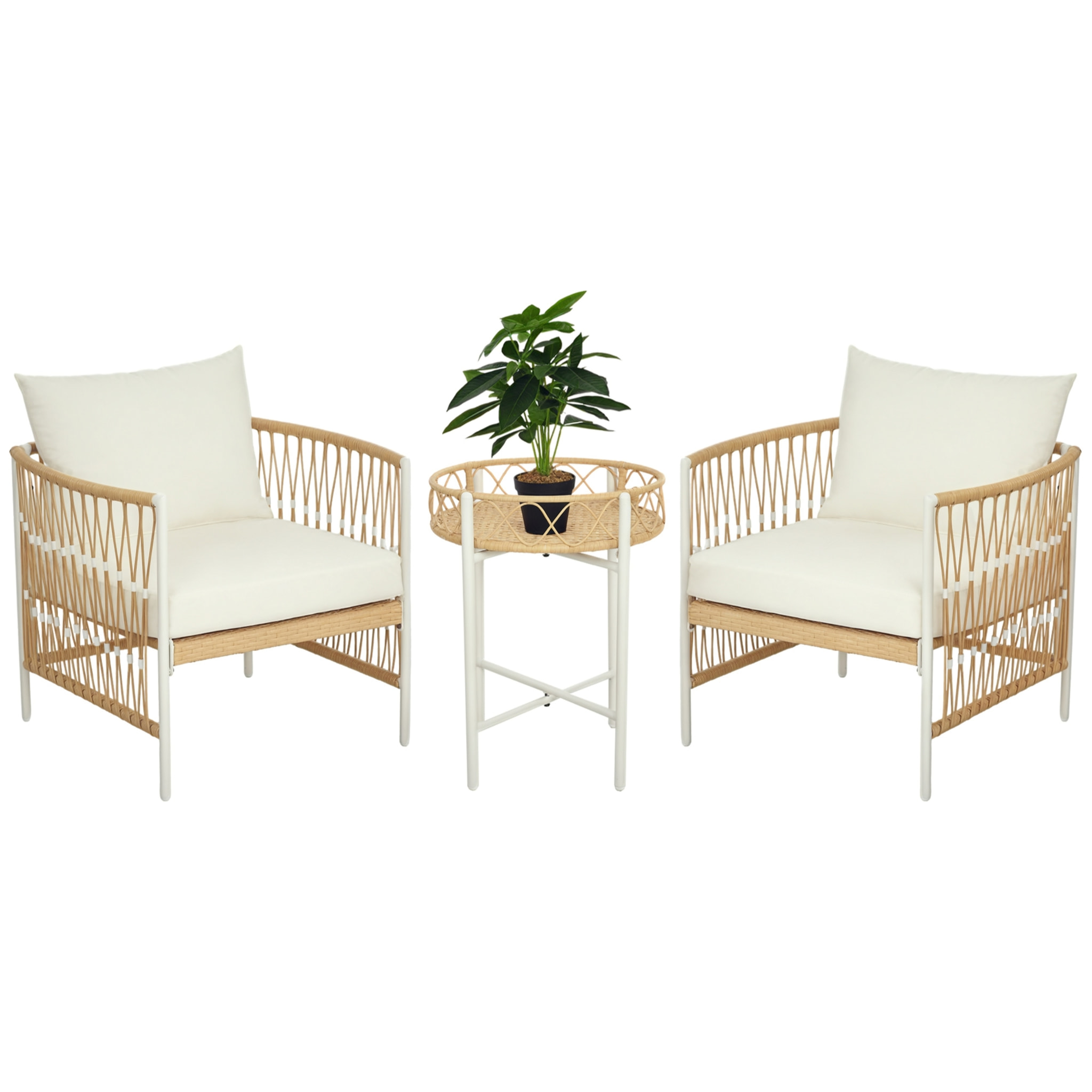 Conjunto Jardín Exterior de 3 Piezas, Muebles de Jardín con 2 Sillas, Mesa de Ratán, Cojines Acolchados, Fundas Extraíbles y Marco de Acero, Resistente a la Intemperie, para Balcón, Crema
