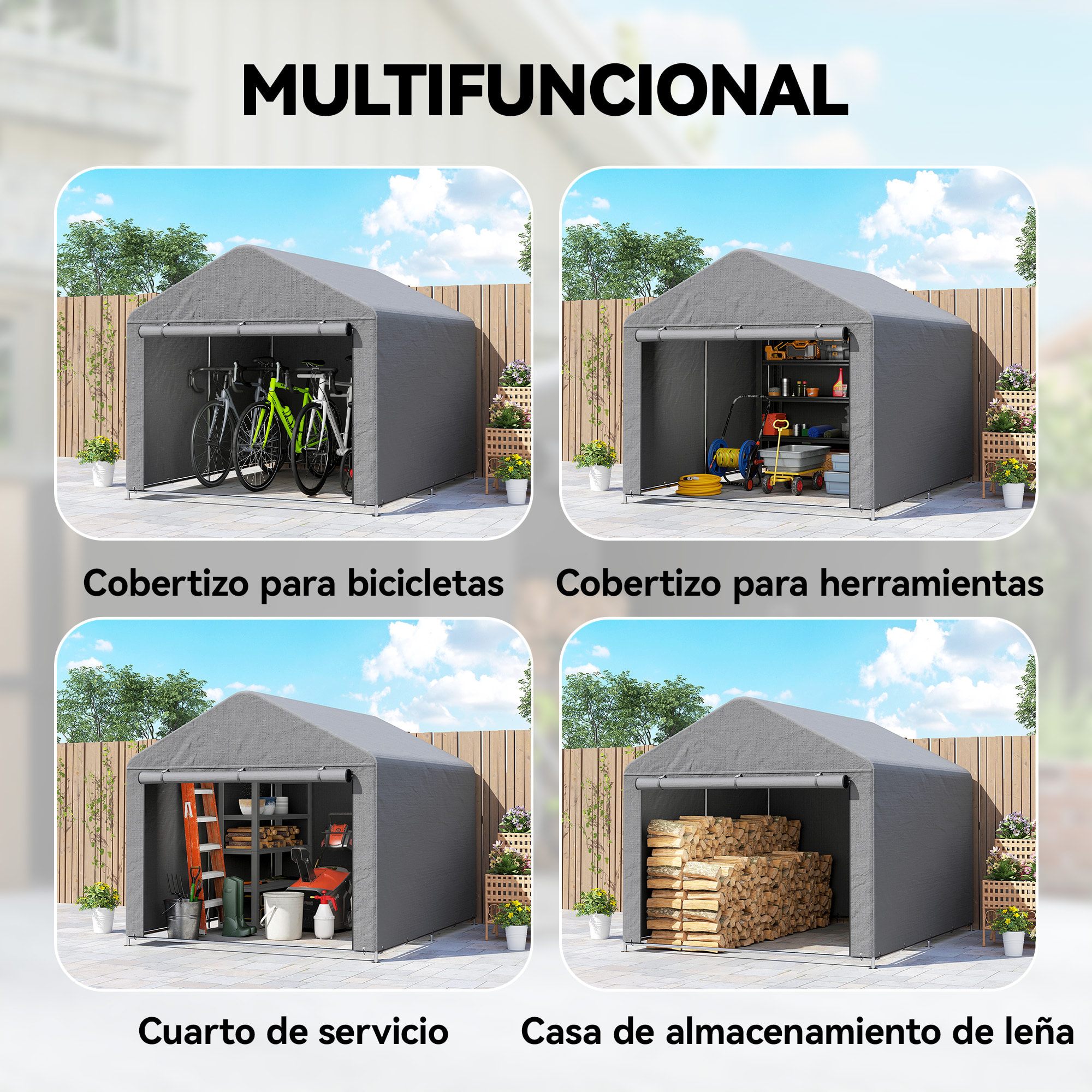 Carpa de Jardín Exterior para Herramientas, Bicicletas, 2,4x2x2 m, Cobertizo Exterior con Marco Metal Galvanizado, Puerta Enrollable con Cremallera, Impermeable, UV30+, Garaje Portátil, Gris