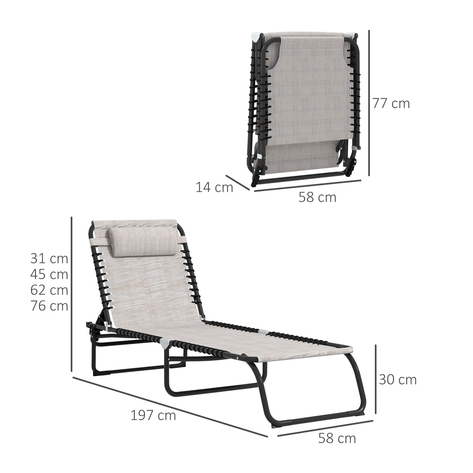 Conjunto de 2 Tumbonas Plegables Tumbonas de Jardín con Respaldo Ajustable en 4 Posiciones Carga 120 kg para Terraza Piscina Playa 197x58x30 cm Crema