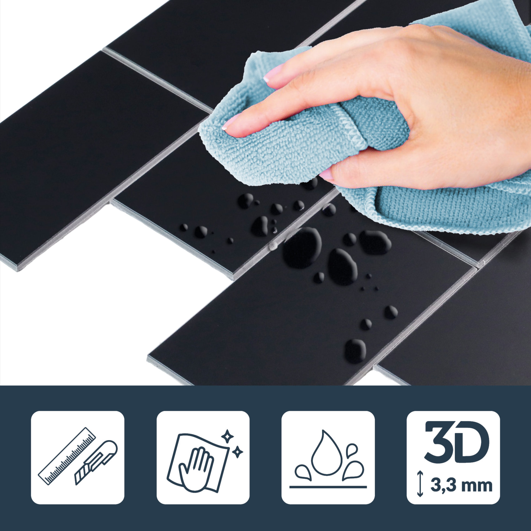 Crédence adhésive murale 3D  - Effet carrelage 4 pièces - Noir