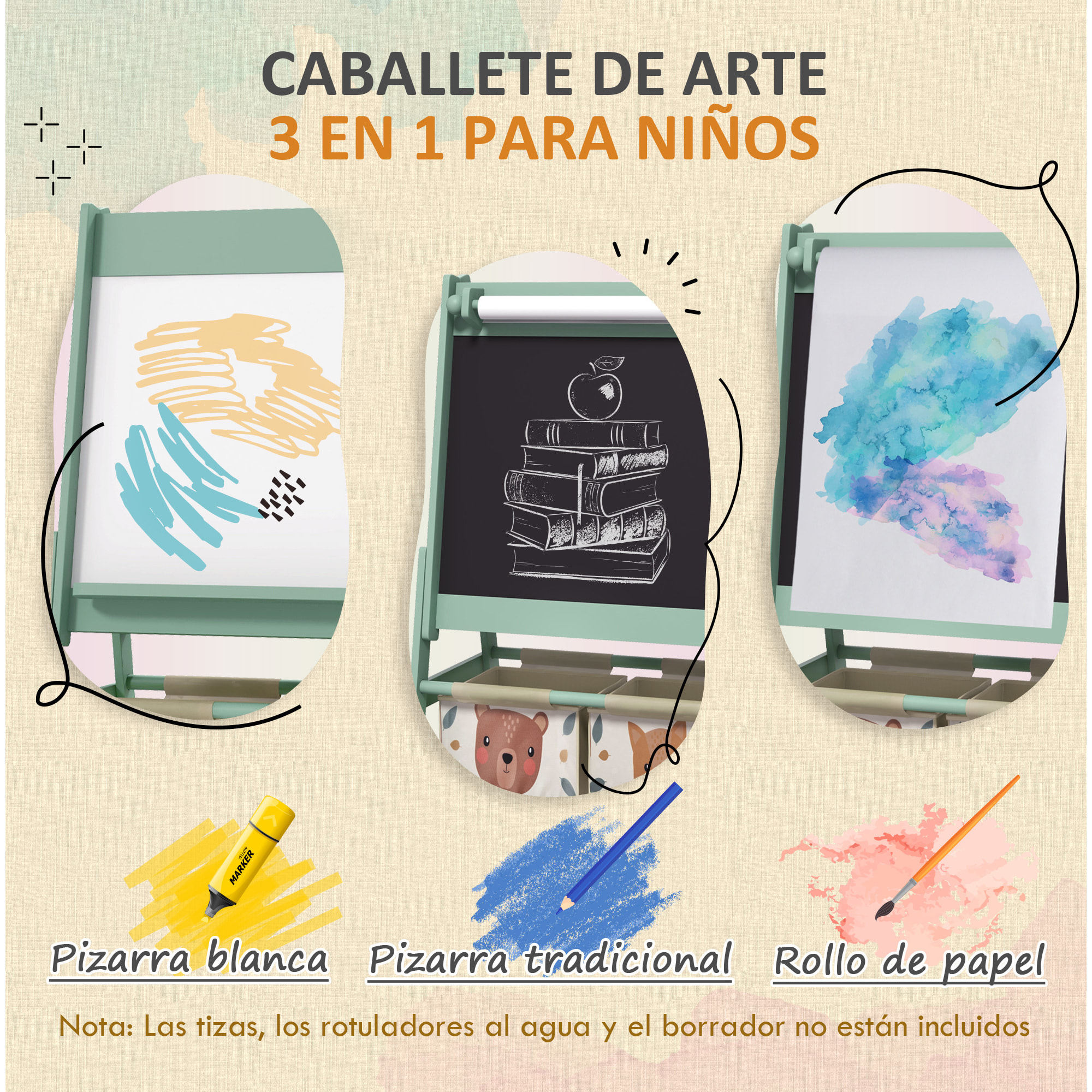 Caballete para Niños 3 en 1 Caballete Infantil de Doble Cara Caballete de Arte con Rollo de Papel Pizarras y 2 Cestas de Almacenamiento 54x46,5x93 cm Verde