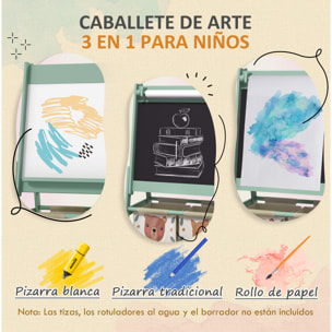 Caballete para Niños 3 en 1 Caballete Infantil de Doble Cara Caballete de Arte con Rollo de Papel Pizarras y 2 Cestas de Almacenamiento 54x46,5x93 cm Verde