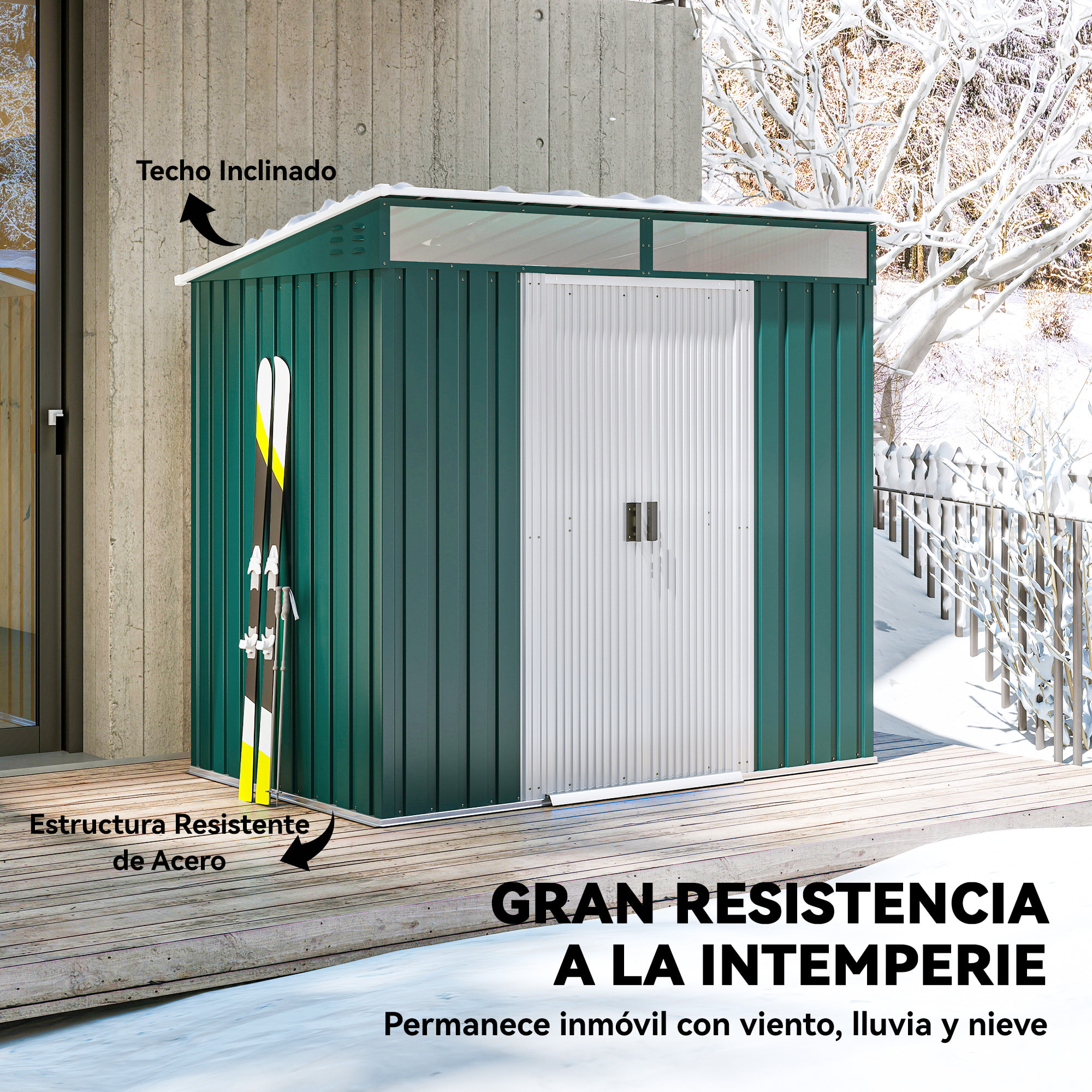 Cobertizo de Jardín Exterior, 2 m² 195x122x181,5 cm, Caseta de Jardín Exterior Metálica con Base SIN SUELO, 2 Puertas Correderas, Ventanas y Ganchos para Almacenamiento de Herramientas, Verde