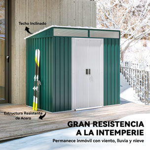 Cobertizo de Jardín Exterior, 2 m² 195x122x181,5 cm, Caseta de Jardín Exterior Metálica con Base SIN SUELO, 2 Puertas Correderas, Ventanas y Ganchos para Almacenamiento de Herramientas, Verde