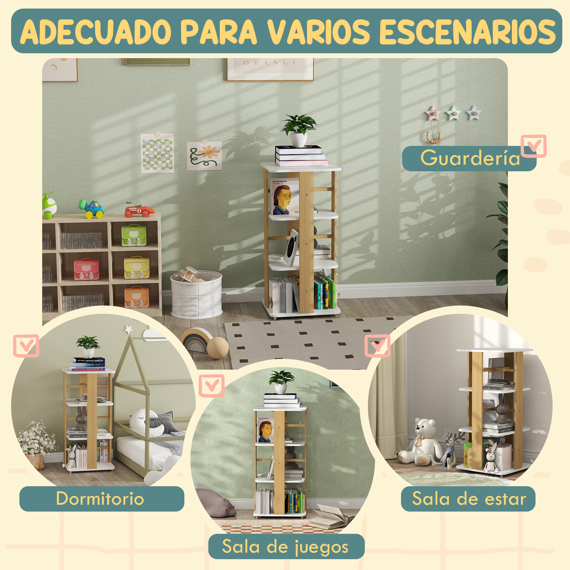 Librería Infantil Estantería para Libros Infantil con Ruedas Estantería Infantil con 3 Estantes para Guarderías Habitación Infantil Blanco y Natural