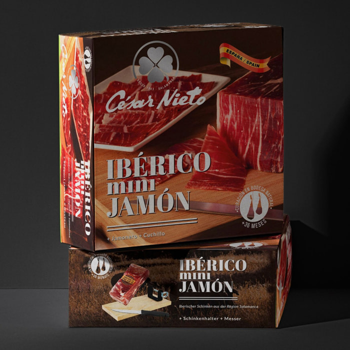 Mini Jambon Cebo de Campo Ibérico 50 % Race Ibérique + Support Jambon + Couteau + Coffret Cadeau C. Nieto - Environ 1 kg - Espagne - César Nieto