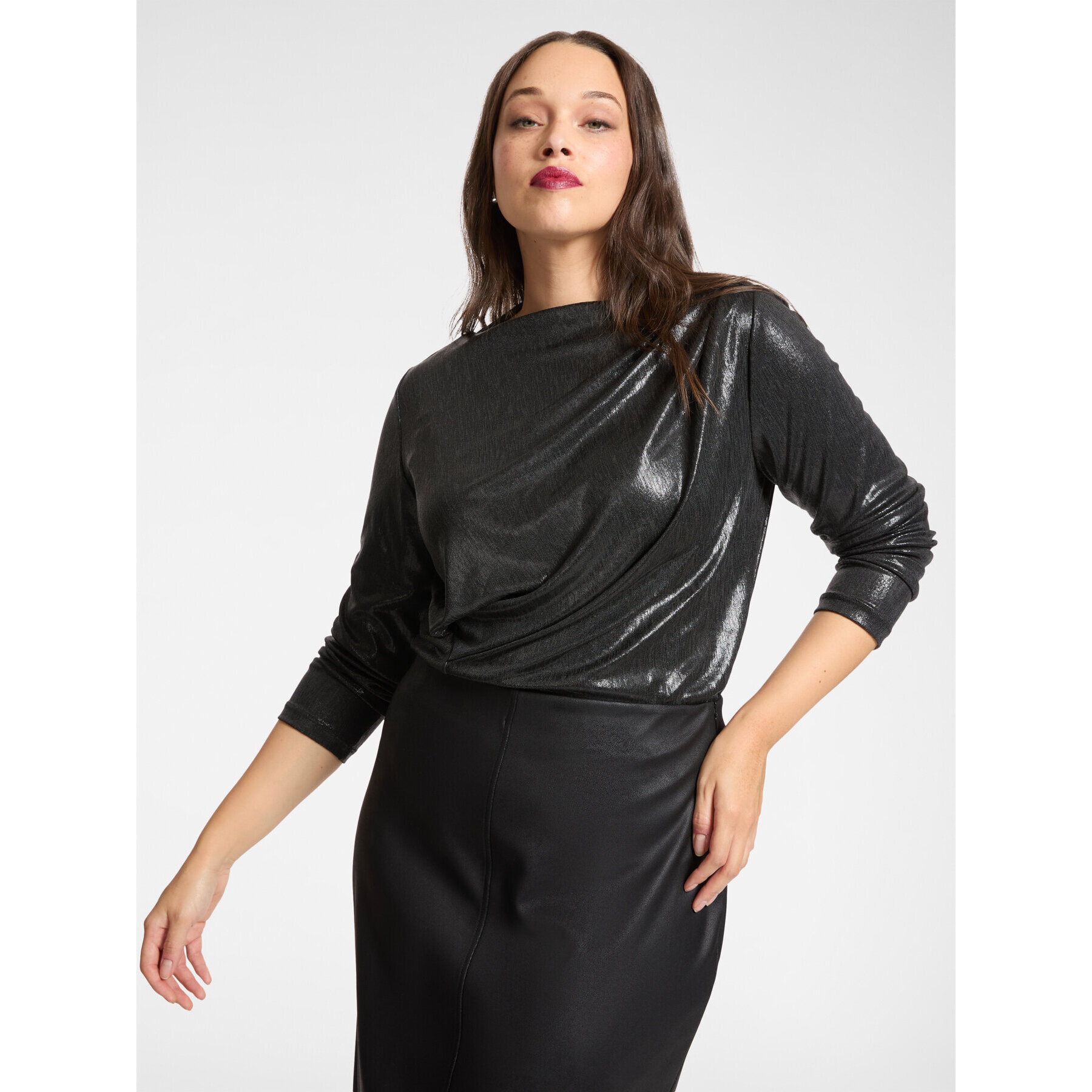 Elena Mirò - Camiseta de punto laminado drapeado - Negro