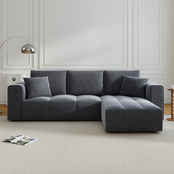 WORTHING Canapé d'angle convertible 4 places avec coffre en velours gris anthracite