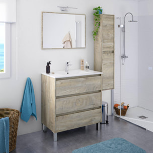 Mobile sottolavabo Lancaster, Mobiletto per bagno, Armadio a 3 cassetti e specchio, lavabo non incluso, cm 80x45h86, Rovere