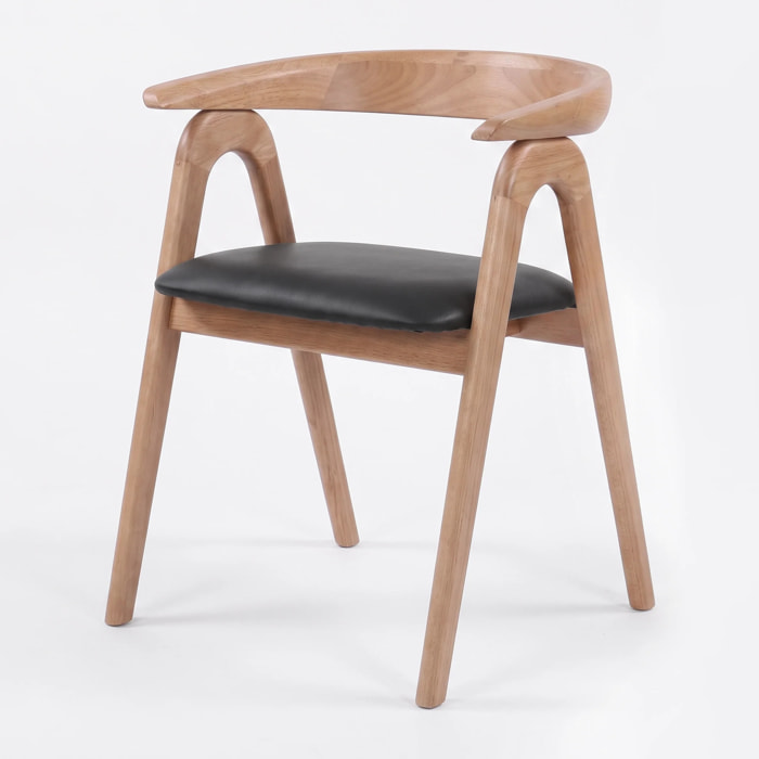 Chaise en bois d'hévéa blond et cuir synthétique noir - Hawa