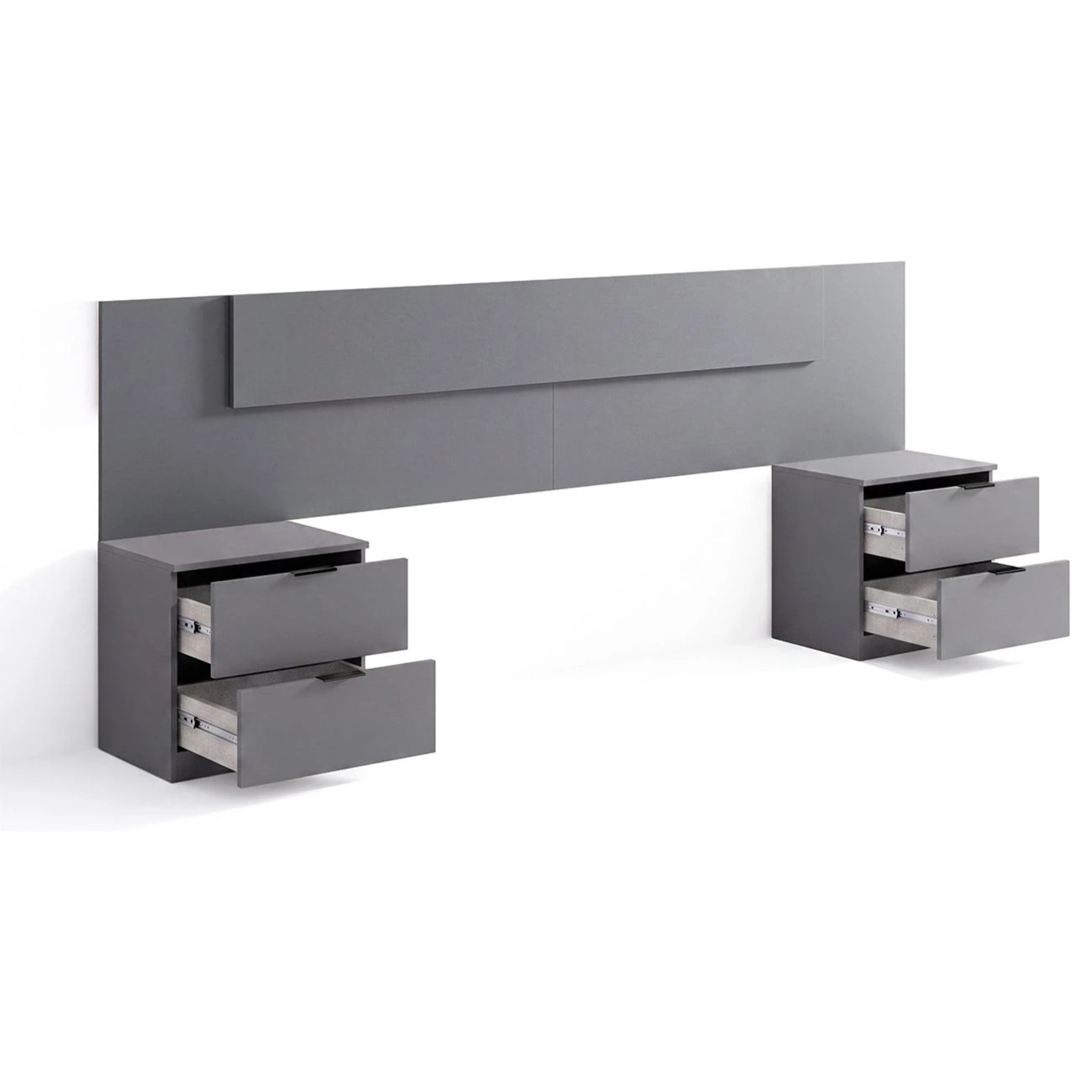 Cabecero para cama de 135-150 cm y 2 mesitas con cajones en gris grafito Akari Gris Grafito