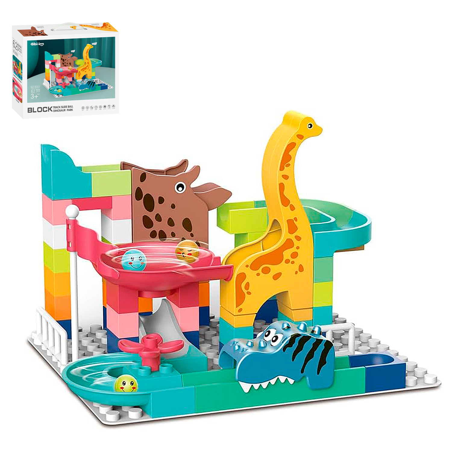 Bloques de construcción de dinosaurios con tobogán de bolas. 62 piezas.