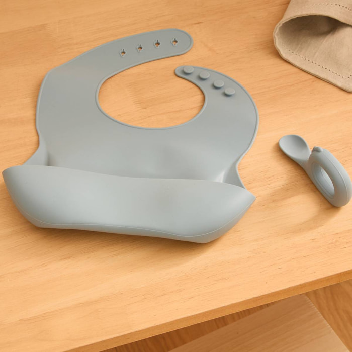 Set bavoir et cuillère Yum silicone bleu