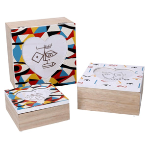 Set di 3 scatole in legno multicolor quadro cm18x18h9