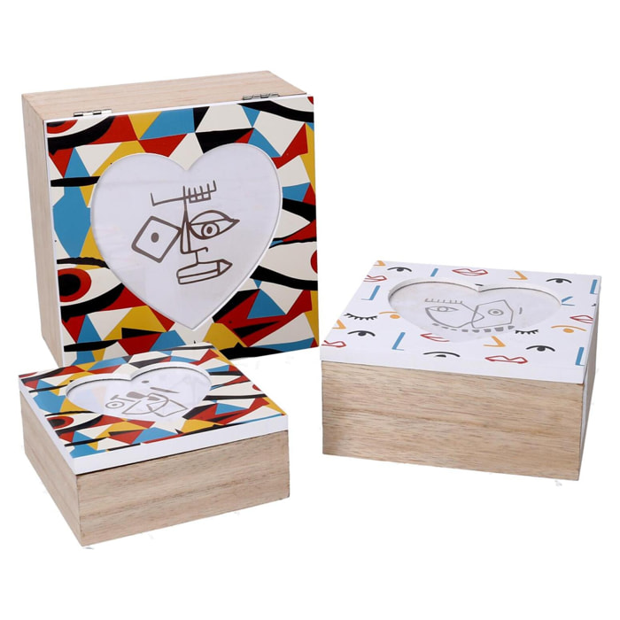 Set di 3 scatole in legno multicolor quadro cm18x18h9