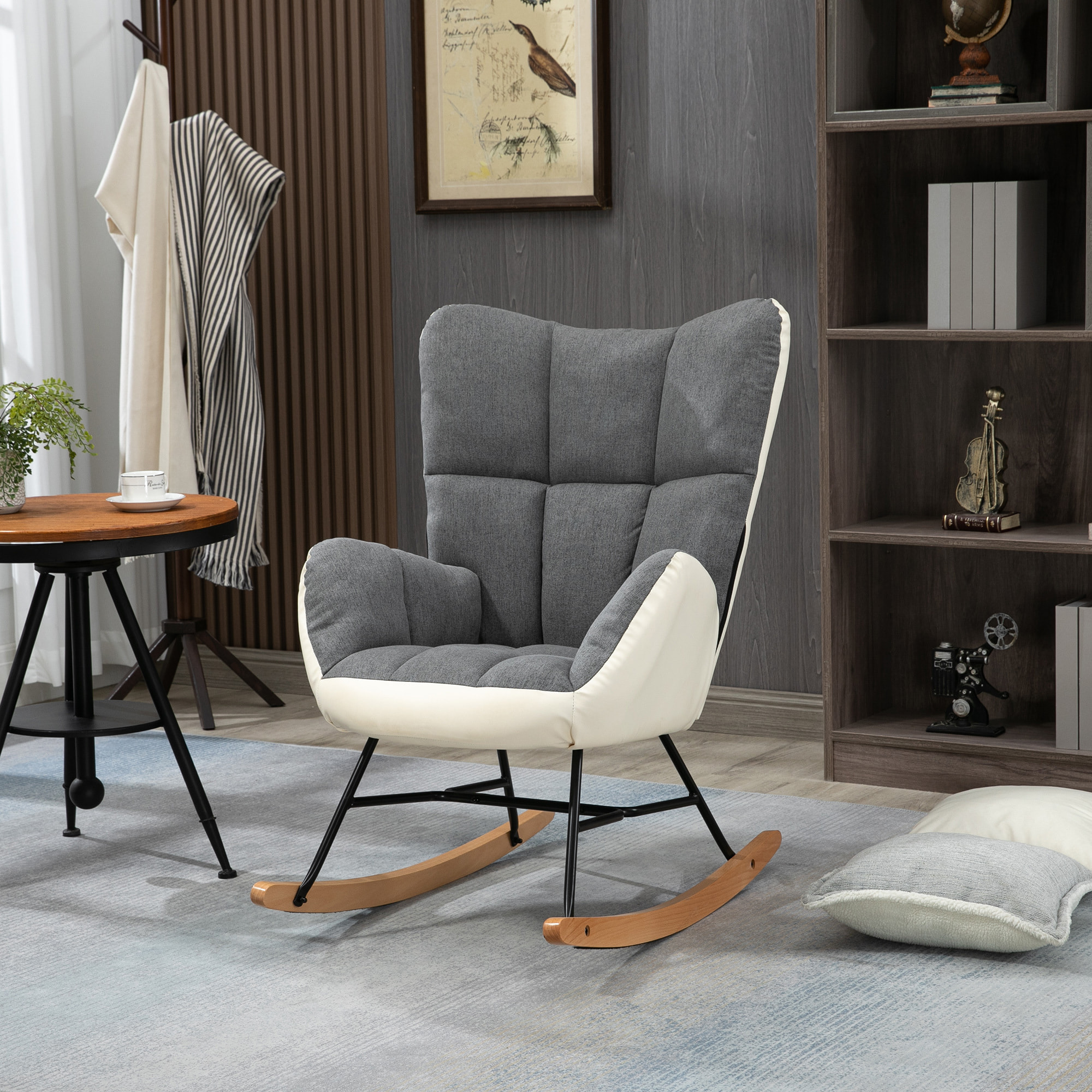 Sillón Mecedora Silla Balancín Tapizada en Lino Moderno con Respaldo Alto y Patas de Madera para Salón Dormitorio Carga 150 kg 42x46x47 cm Gris