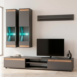 Parete Attrezzata Soggiorno Mobile Tv Vetrine Led Mensola Moderno Living Arredo Contenitore Vani Giorno Resistente 175x 150x 37 Cm Antracite E Rovere
