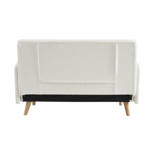Canapé convertible 2 places scandinave velours côtelé blanc - Panam - pieds bois. banquette. dossier inclinable