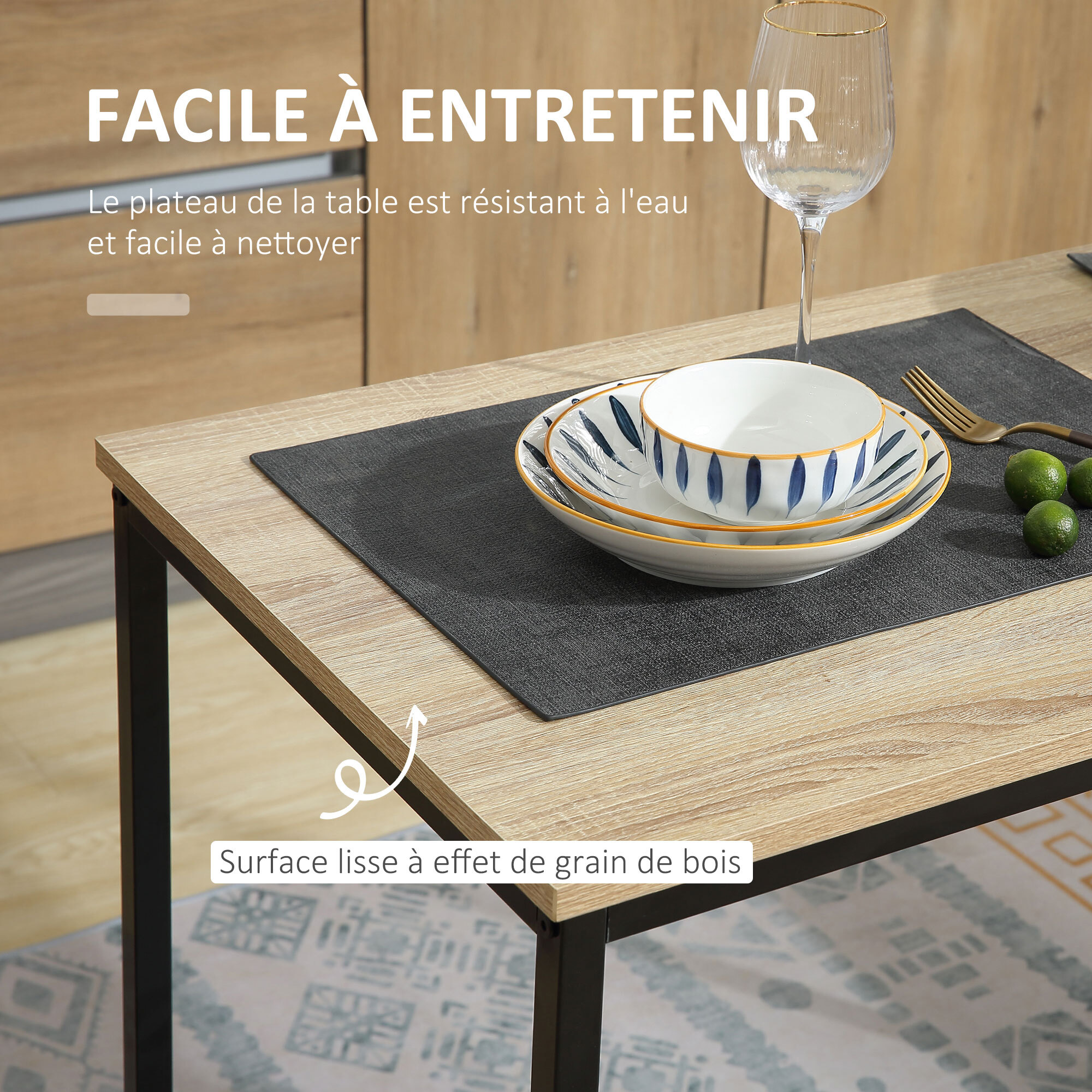 HOMCOM Ensemble table 2 chaises style industriel - set de 1 table + 2 chaises encastrables - métal noir aspect chêne clair