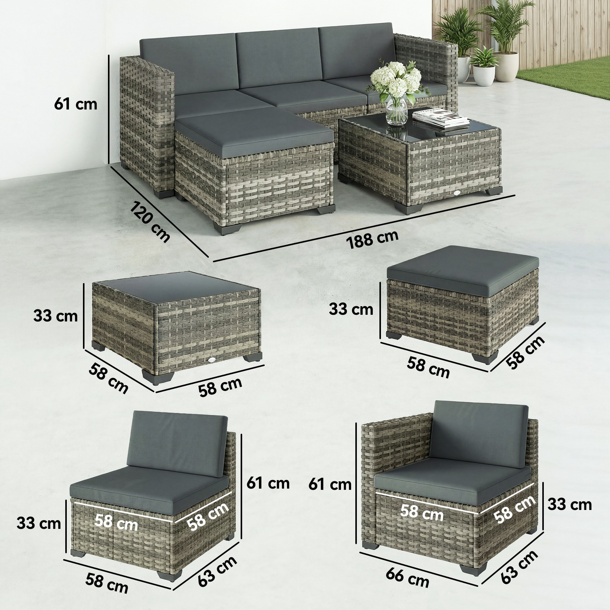Conjunto de Jardín de Ratán de 5 Piezas, Conjunto Terraza Resistente, Muebles Jardín Exterior Incluye Cojines, 2 Sillones de Esquina, Sillón sin Brazos, Reposapiés y Mesa Centro, Gris Oscuro