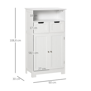 Meuble bas de salle de bain multi-rangements grande niche 2 tiroirs placard double porte avec étagère MDF blanc