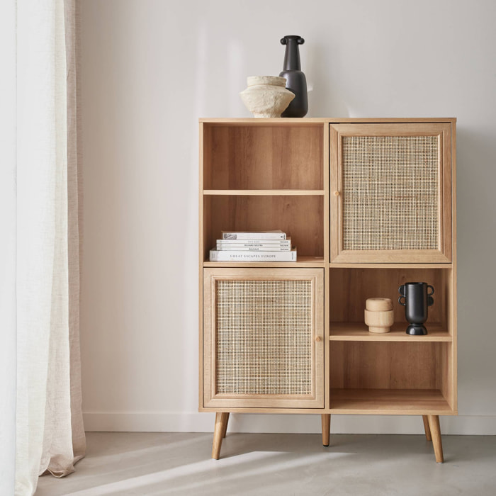 Buffet de rangement cannage et effet bois. buffet haut. vaisselier. 2 portes et 2 étagères style bohème 90cm