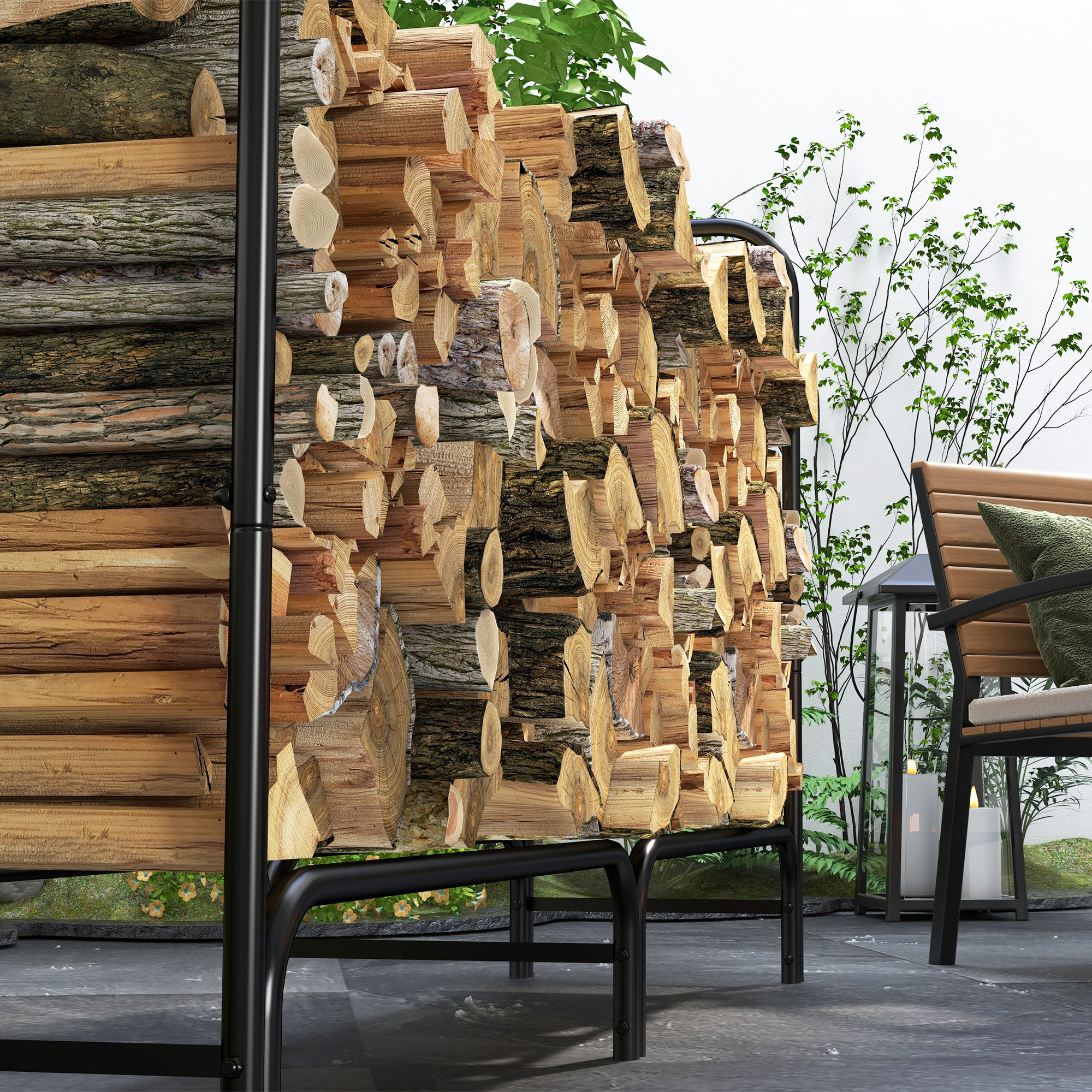 Outsunny Estante de Leña con Funda Oxford 600D, Leñero Exterior Metálico Robusto, Longitud Ajustable, Carga 200 kg, para Interior y Exterior, Jardín, Terraza, 180x36x99 cm, Negro