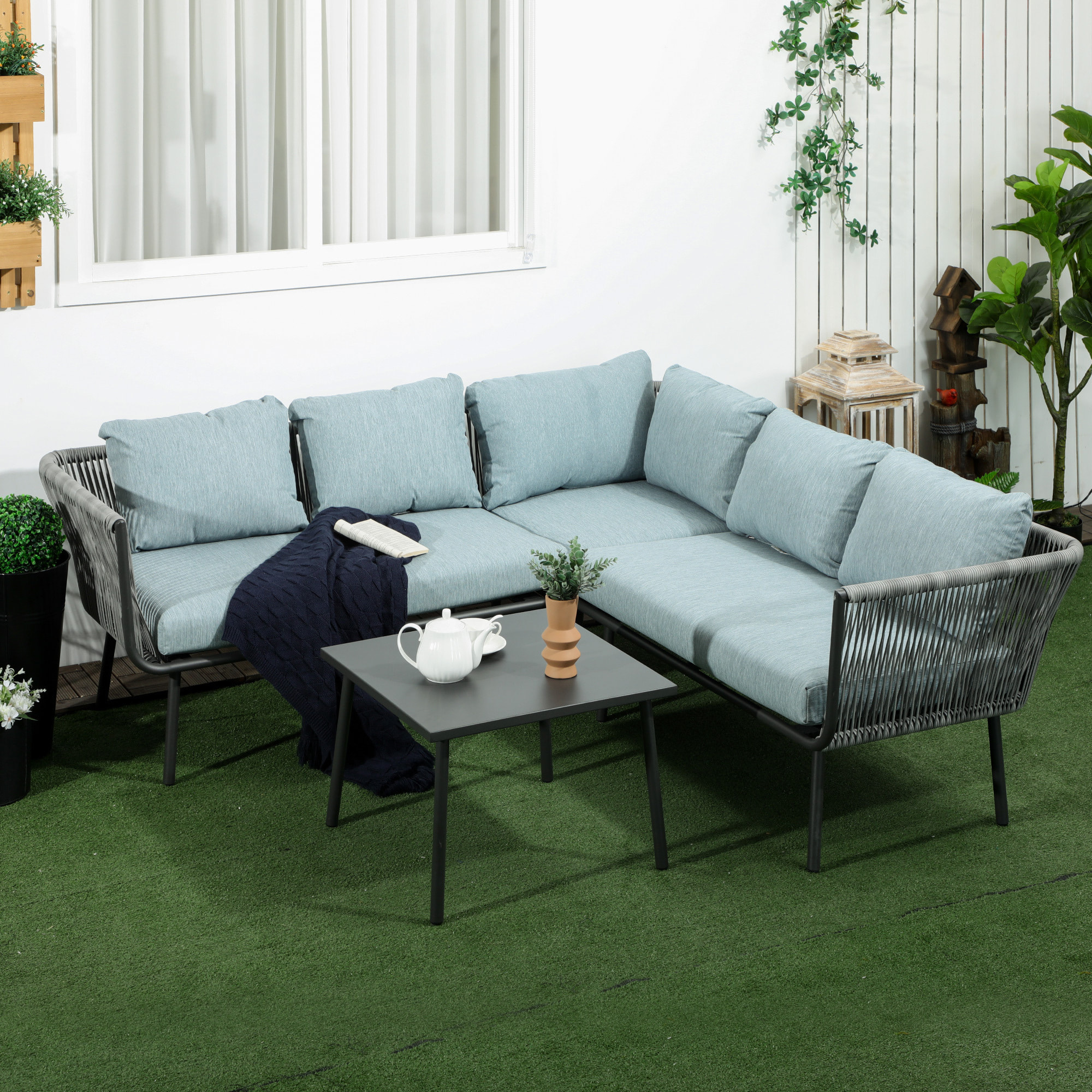 Conjunto de Muebles de Ratán 4 Piezas Set de Muebles de Jardín 2 Sofá de 2 Plazas Sofá de Esquina Mesa de Centro con 6 Cojines Acolchados y Marco de Aluminio para Terraza Patio Gris