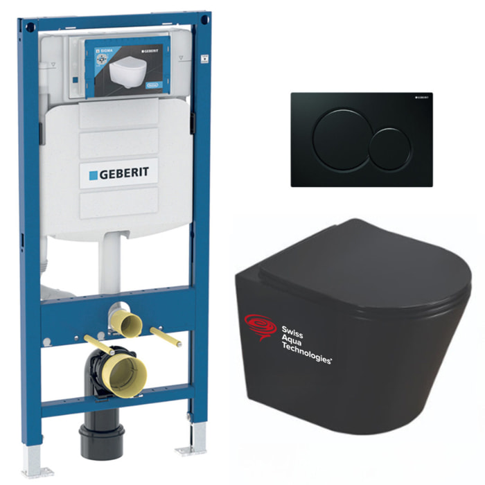 Pack WC Bati-support Geberit + WC Swiss Aqua Technologies Infinitio noir mat sans bride + Plaque noire foncee (GebBlackInfinitio