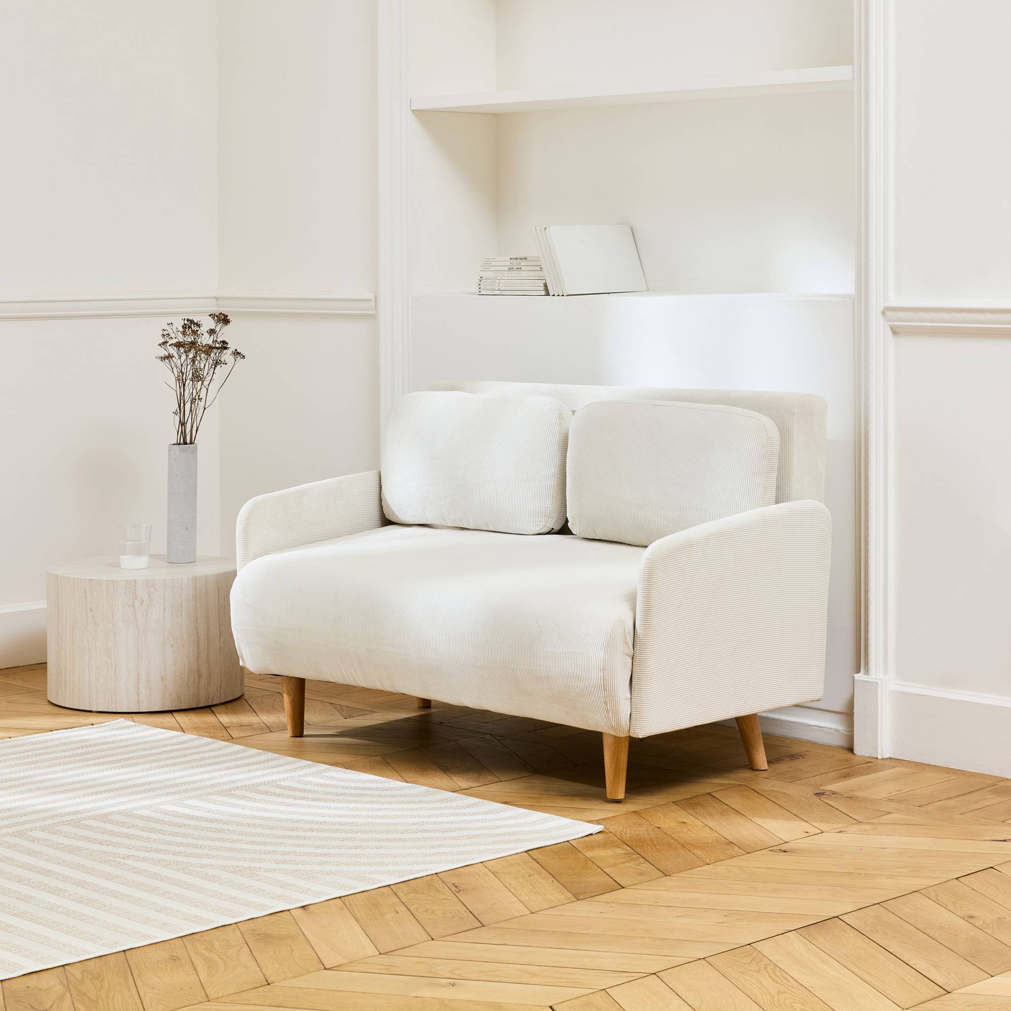Canapé convertible 2 places scandinave velours côtelé blanc - Panam - pieds bois. banquette. dossier inclinable