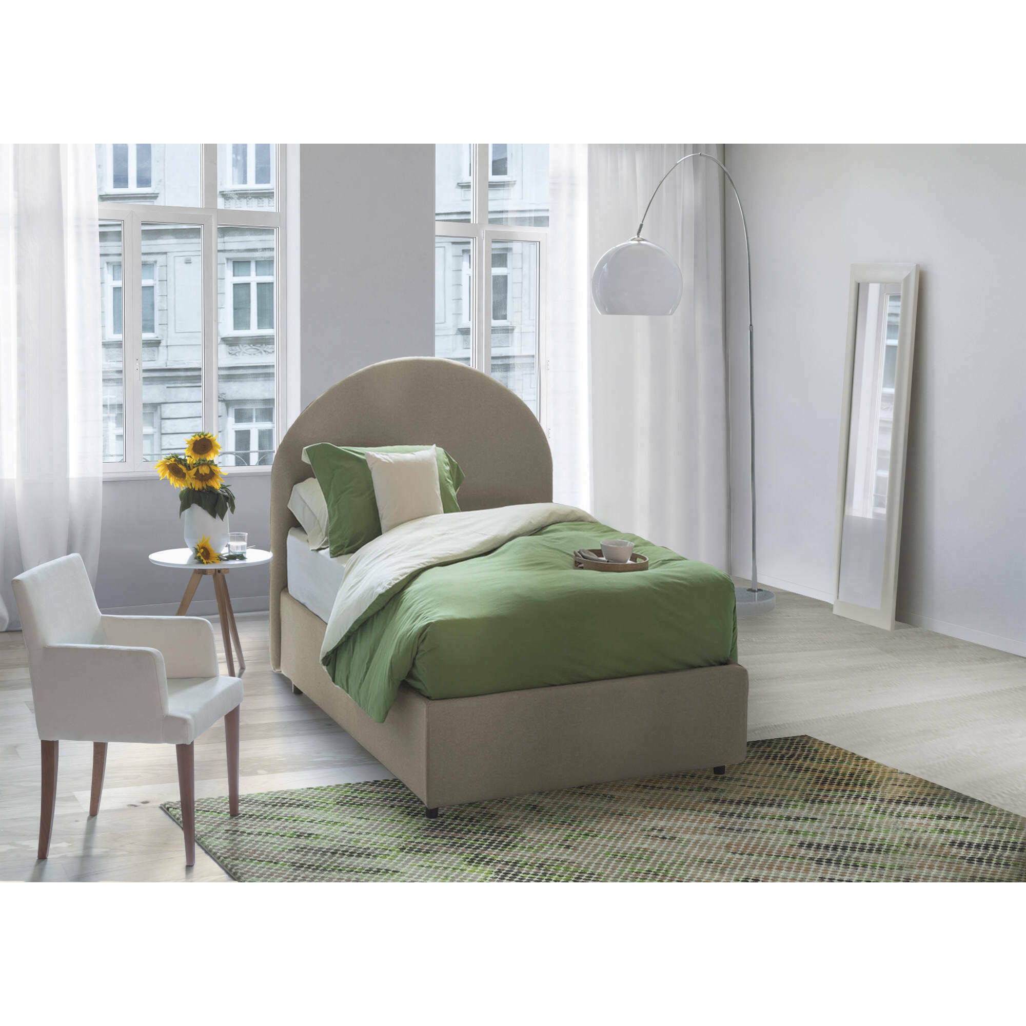 Letto singolo Egle, Letto contenitore con rivestimento in tessuto, 100% Made in Italy, Apertura frontale, con materasso Cm 80x190 incluso, Tortora