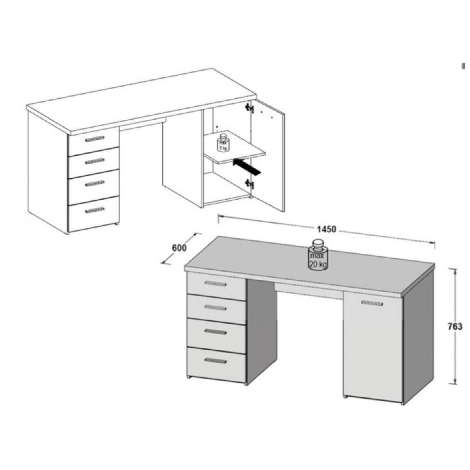 Bureau avec rangements 145 cm - Design béton & blanc - ESTEBANE