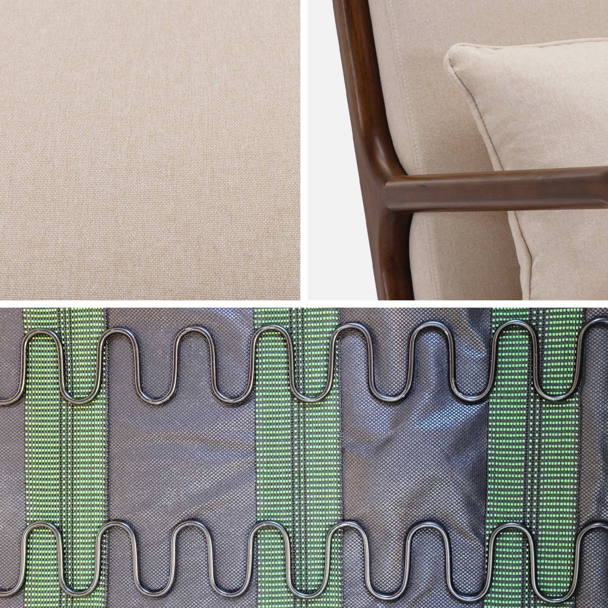 Fauteuil tissu beige . pieds bois d'hévéa teinté noyer. 1 place droit fixe. pieds compas scandinave. structure en bois solide