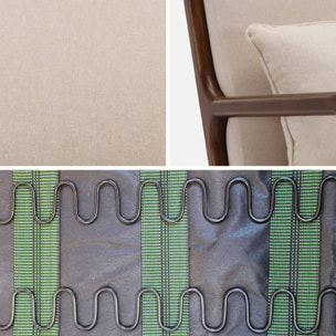 Fauteuil tissu beige . pieds bois d'hévéa teinté noyer. 1 place droit fixe. pieds compas scandinave. structure en bois solide