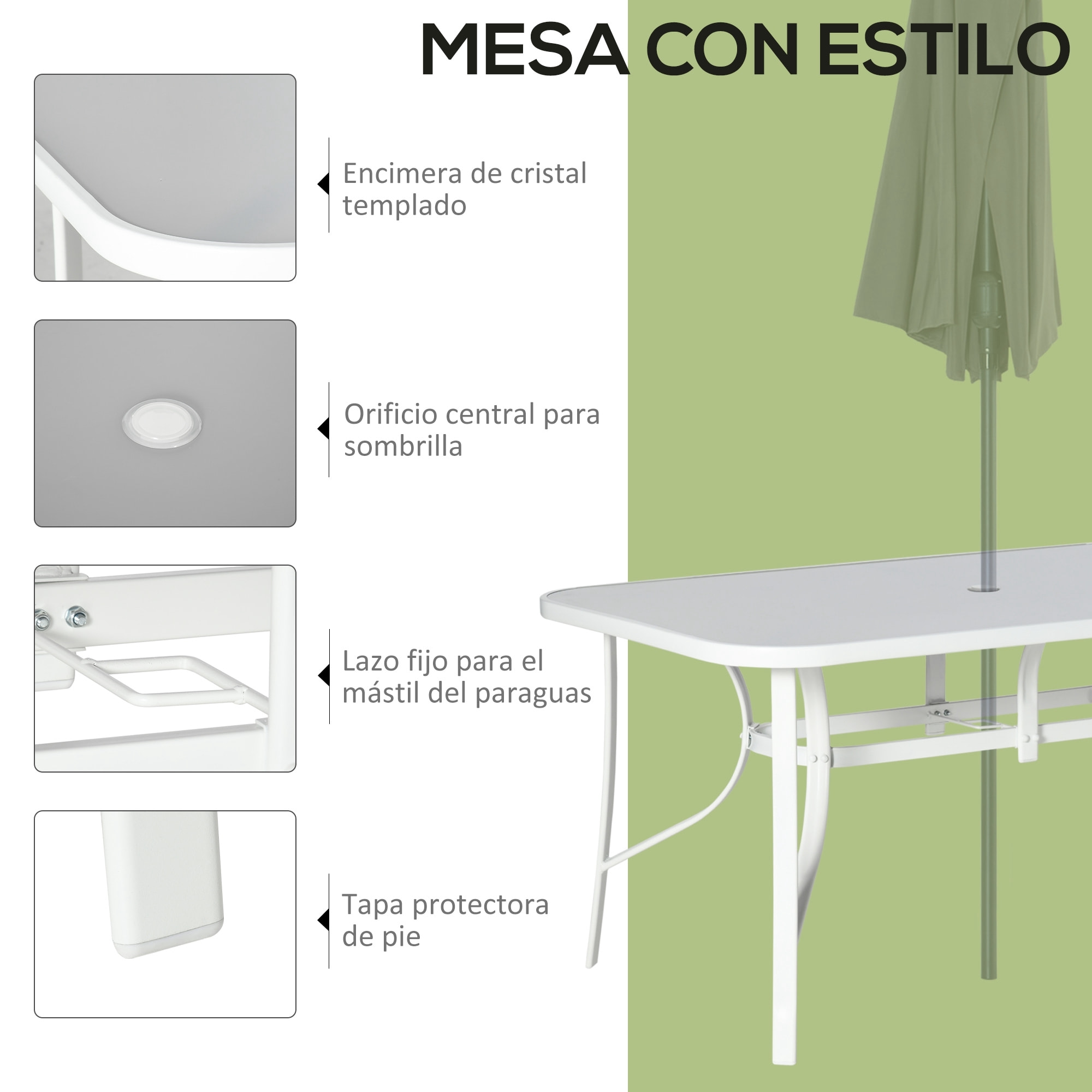 Conjunto de Mesa y Sillas Jardín de 7 Piezas, Muebles de Jardín Exterior con Mesa y 6 Sillas para Terraza con Orificio para Sombrilla y Encimera de Cristal, para Terraza Patio, Gris