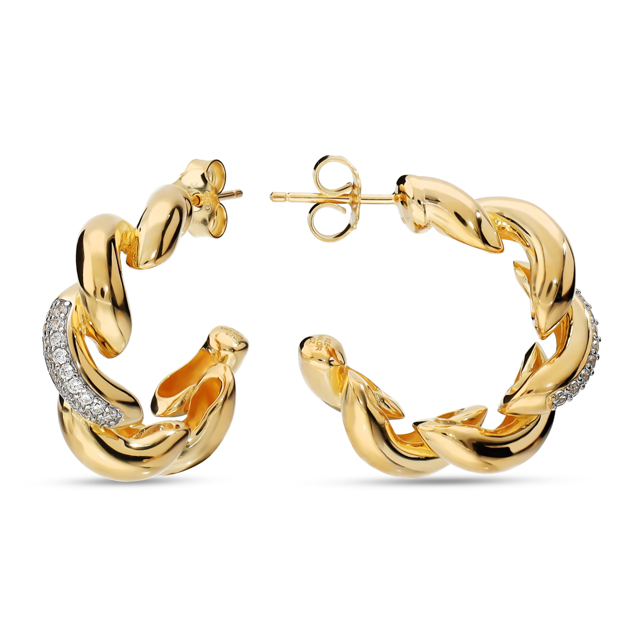 Orecchini Maglia San Marco in Argento 925 placcato Oro Giallo 18Kt con Pavé di Cubic Zirconia