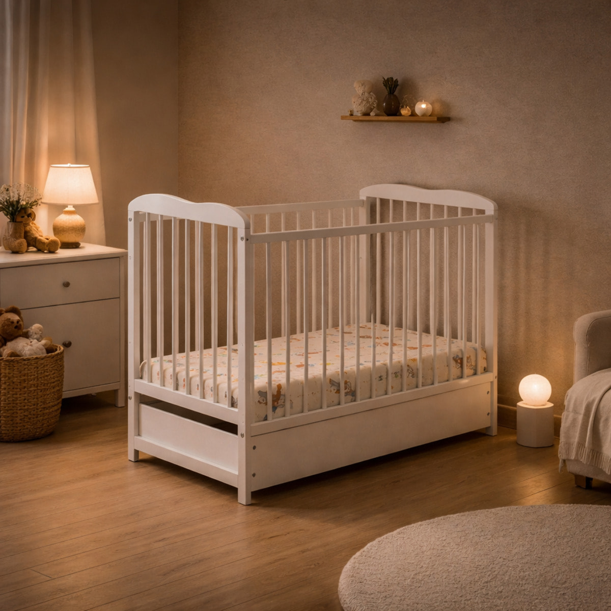 Culla Con Cassetto Contenitore Sponde Removibili E Materasso Incluso Altezza Regolabile Rete A Doghe Design Moderno 89 x 124 x 65 Cm Bianco Opaco