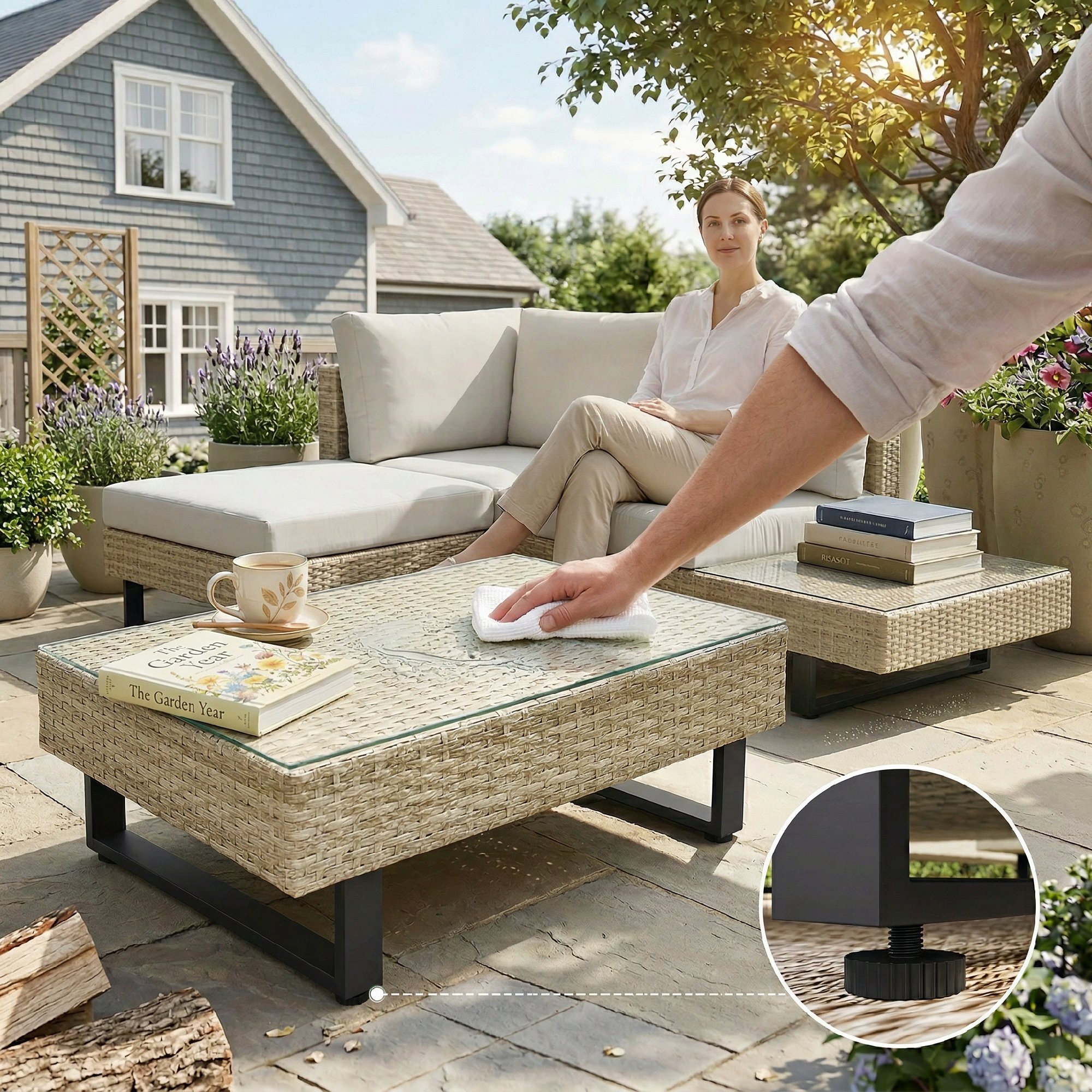 Conjunto de Jardín de Ratán de 3 Piezas, Conjunto Terraza Resistente, Muebles Jardín Exterior Incluye Cojines, Sofá de 3 Plazas, Sofá de 2 Plazas con Mesa Lateral, Mesa Centro de Vidrio Beige