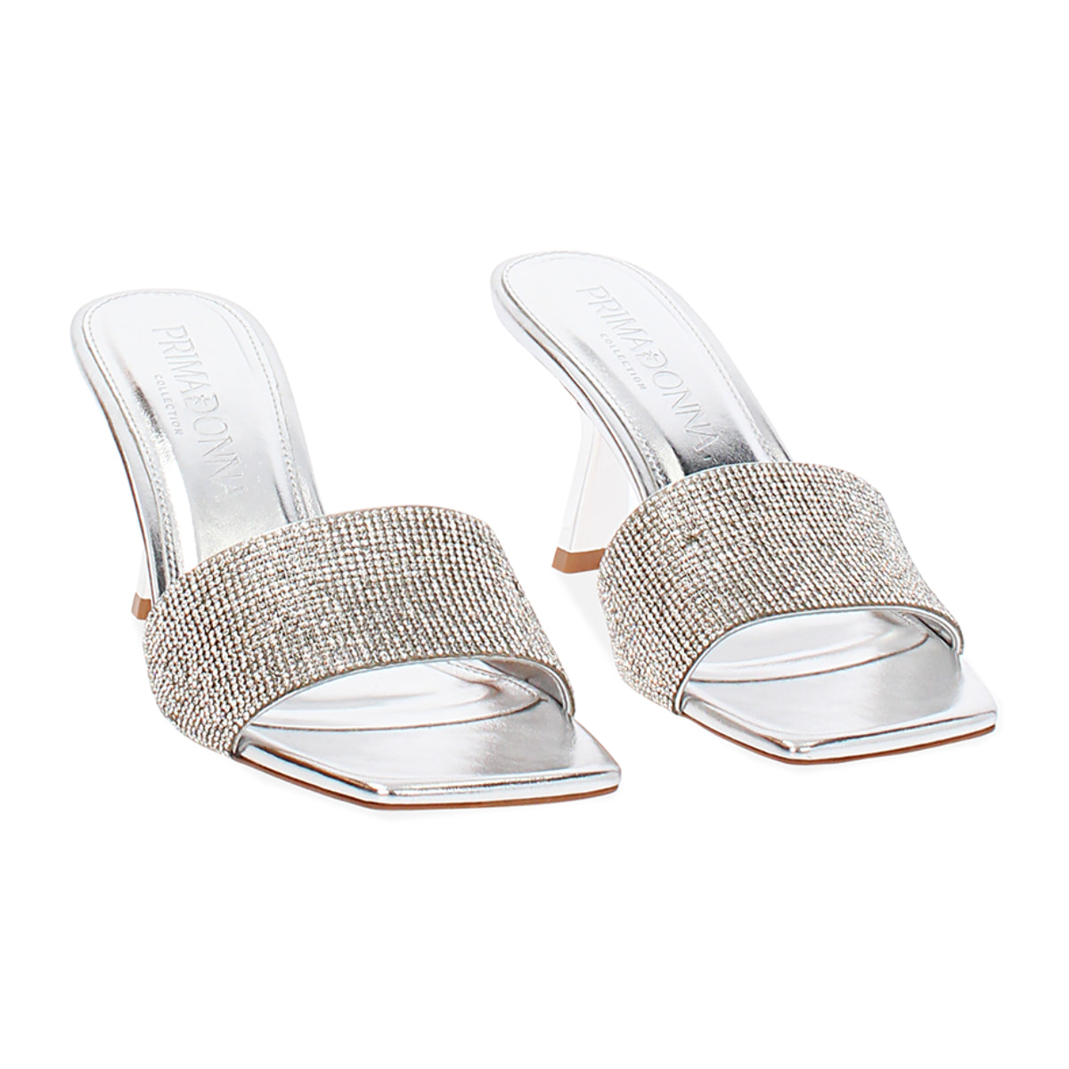 Mules open toe donna argento in laminato e pietre, tacco 7,5 cm