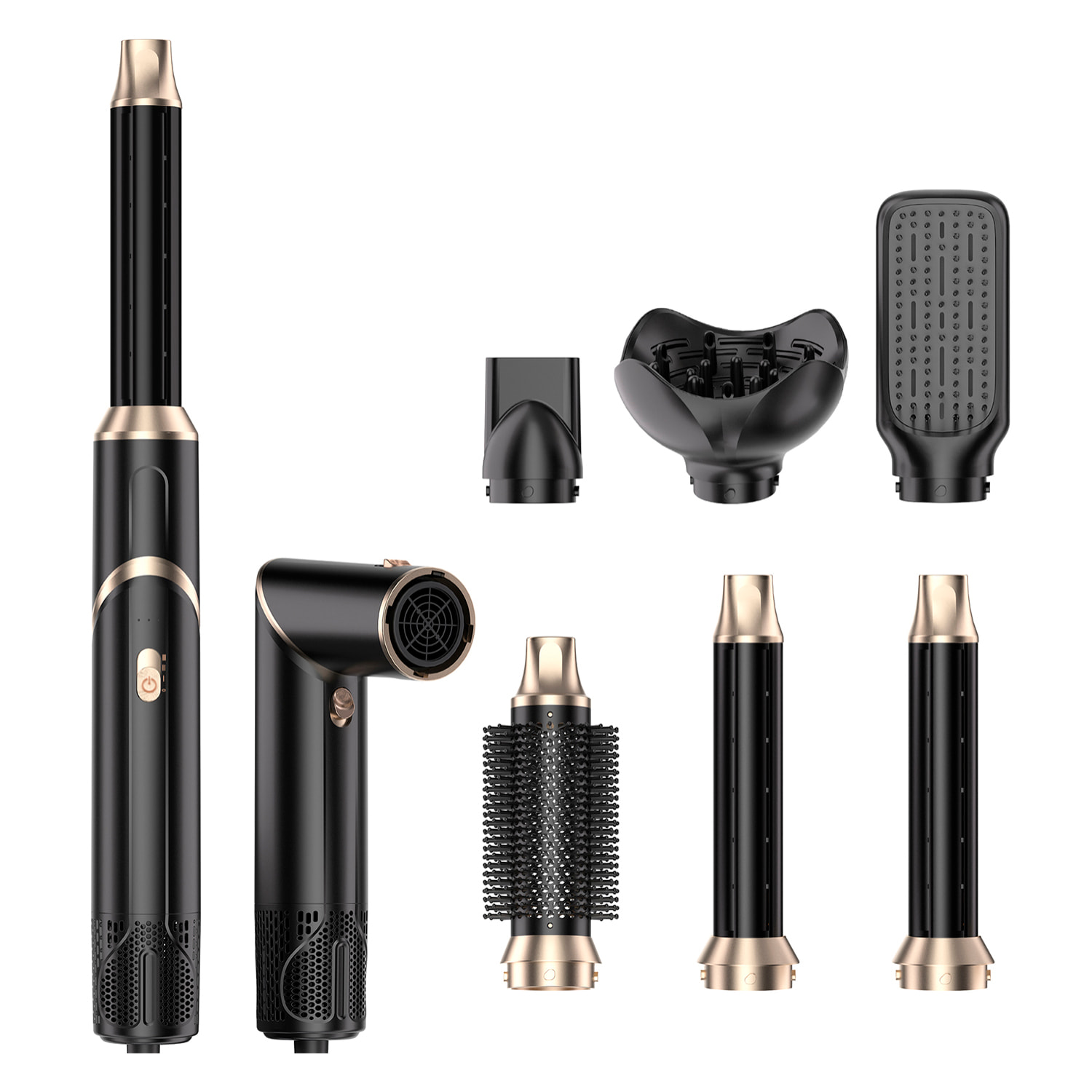 Secador de pelo 676. 6 en 1 con iones negativos. Permite alisar, secar, rizar y mucho más. Con 3 temperaturas y 6 accesorios.