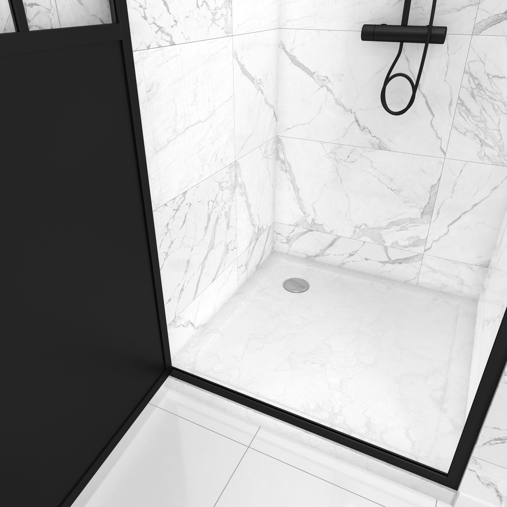 Pack Porte de Douche Atelier Pivotante Noire 80x200 cm et Receveur Blanc Effet Pierre 80x80x4 cm