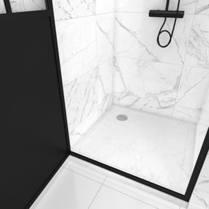 Pack Porte de Douche Atelier Pivotante Noire 80x200 cm et Receveur Blanc Effet Pierre 80x80x4 cm