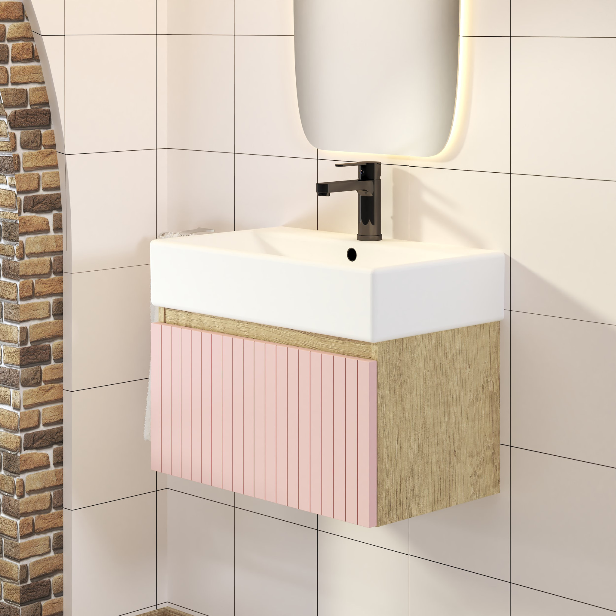 Conjunto de Baño Zel | Mueble Suspendido | 60 cm Rosa | Un Cajón | Lavabo Encastrado | No incluye Espejo | Mueble Montado| Alday
