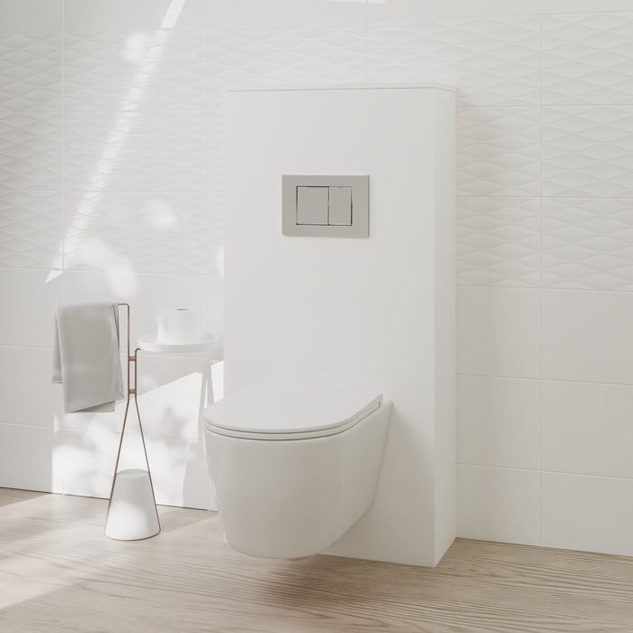 Pack Wc Suspendu + Châssis + Boîtier de Support Blanc | Toilette Blanc Brillant | Bouton Chrome | Réservoir Encastré | Couvercle Amorti | Alday