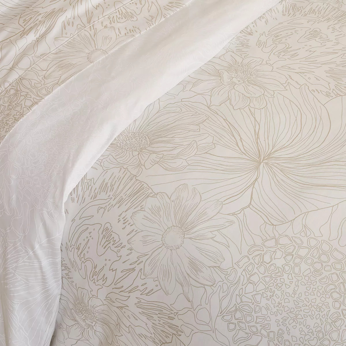 Housse de couette satin de coton imprimé blanc beige Flower power white